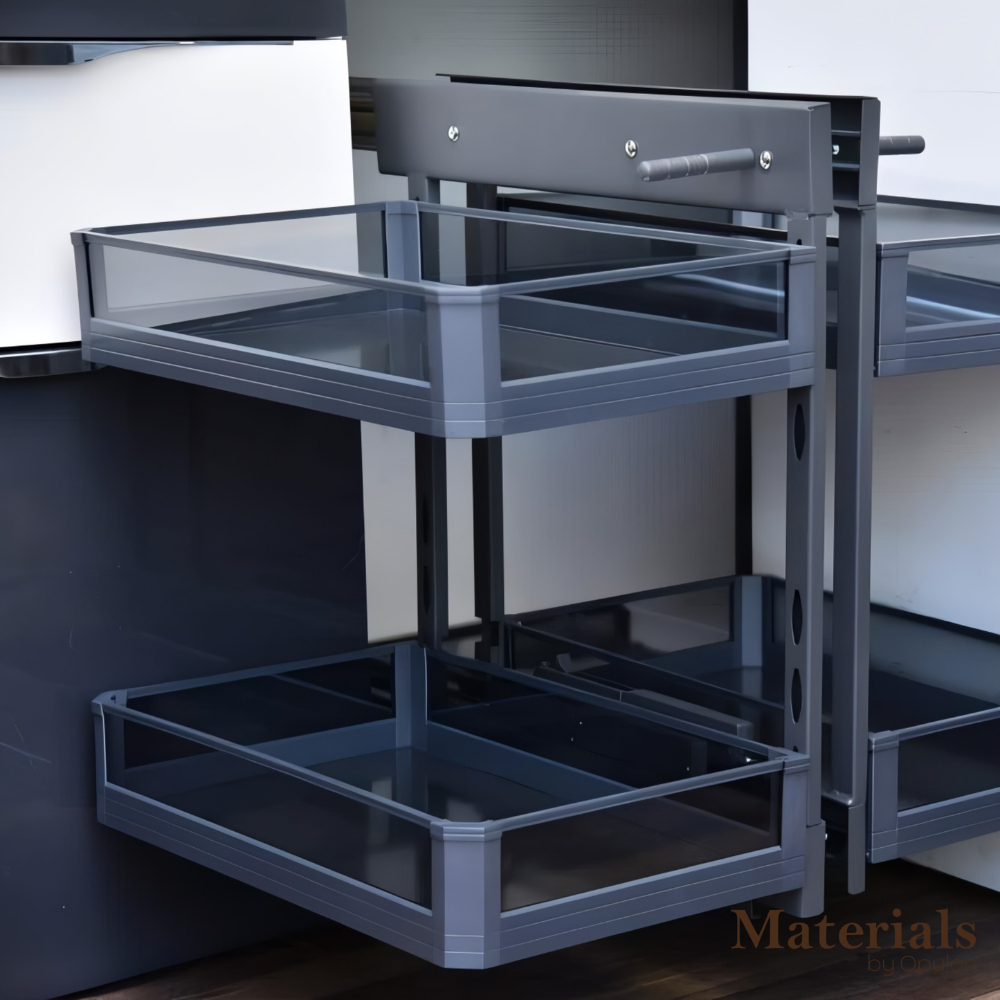 Kortex – Universal Magic Corner (Glass) – Left & Right, Soft Close, 10 kg/Basket Load, Matte Grey Finish