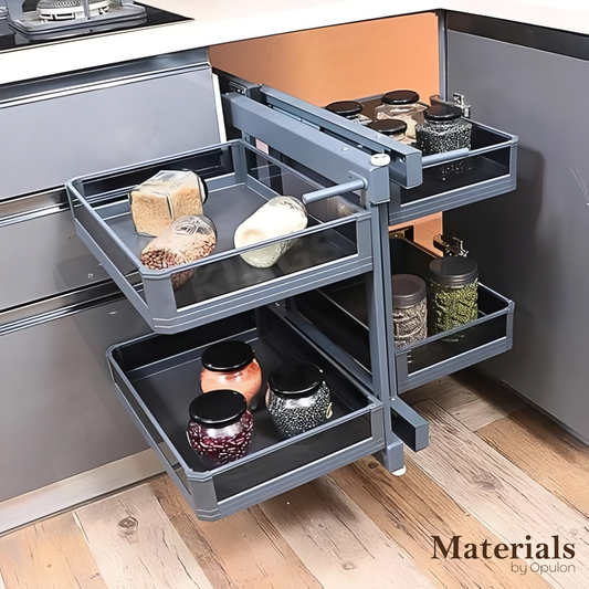 Kortex – Universal Magic Corner (Glass) – Left & Right, Soft Close, 10 kg/Basket Load, Matte Grey Finish